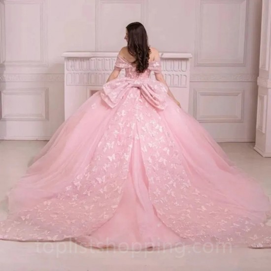 Off Should Pink Quinceanera Dresses Soft Tulle Ball Gown With Bow Vestidos De 15 Años Sweet 16