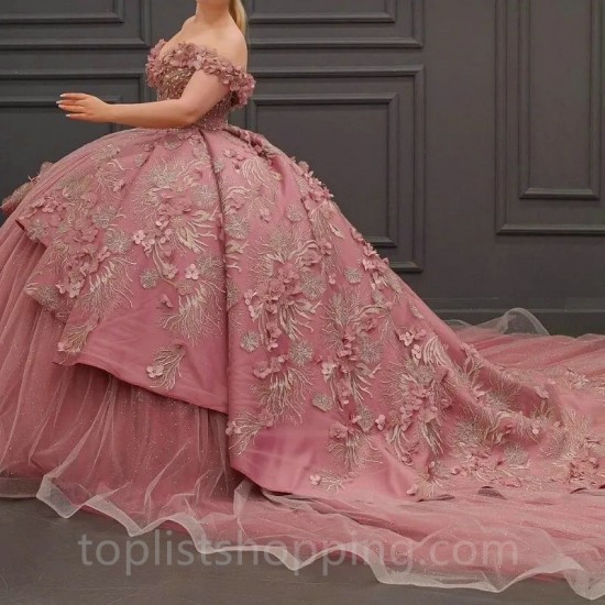 Off The Shoulder Pink Quinceanera Dresses 3DFlower Vestidos De 15 Formal Elegent Princess Party Dress