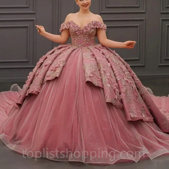 Off The Shoulder Pink Quinceanera Dresses 3DFlower Vestidos De 15 Formal Elegent Princess Party Dress