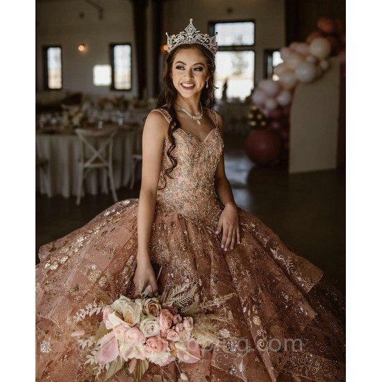 Sequin Pink Quinceanera Dresses Beading Elegent Ball Gown Off The Shoulder Tulle Sweet Princess Vestidos De 15 Girls