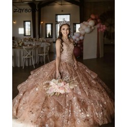 Sequin Pink Quinceanera Dresses Beading Elegent Ball Gown Off The Shoulder Tulle Sweet Princess Vestidos De 15 Girls