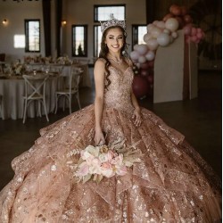 Sequin Pink Quinceanera Dresses Beading Elegent Ball Gown Off The Shoulder Tulle Sweet Princess Vestidos De 15 Girls