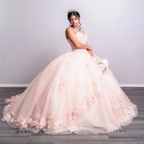 Spaghetti Strap Pink Quinceanera Dresses 3D Flower vintage Ball Gown Vestidos De Quinceañera Custom