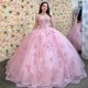 Crystal Court Pink Quinceanera Dresses With Shiny Beading Train Formal Ball Gowns Girls Birthday Party Gowns