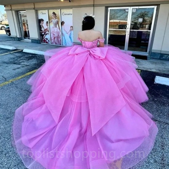 Off the Shoulder Pink Quinceanera Dresses for 15 Year 2024 Ball Gown Sexy Beads Crystal Tull Back Bow Party Dress