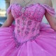 Off the Shoulder Pink Quinceanera Dresses for 15 Year 2024 Ball Gown Sexy Beads Crystal Tull Back Bow Party Dress