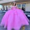 Off the Shoulder Pink Quinceanera Dresses for 15 Year 2024 Ball Gown Sexy Beads Crystal Tull Back Bow Party Dress