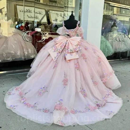 V Neck Pink Quinceanera Dresses for 16 Year 2024 Ball Gown Sexy Off the Shoulder Puff Sleeve Party Dress