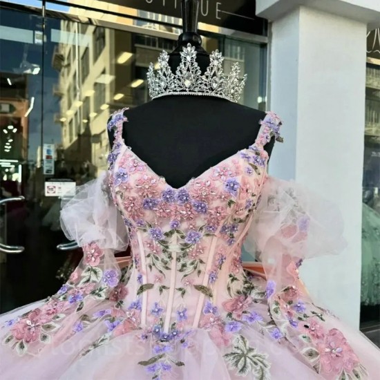 V Neck Pink Quinceanera Dresses for 16 Year 2024 Ball Gown Sexy Off the Shoulder Puff Sleeve Party Dress