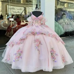 V Neck Pink Quinceanera Dresses for 16 Year 2024 Ball Gown Sexy Off the Shoulder Puff Sleeve Party Dress