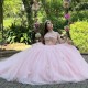 Sequins Pink Princess Beaded Crystal Tull Ball Gown Quinceanera Dress With Big Bow Corset Vestido De 15 Anos