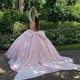 Sequins Pink Princess Beaded Crystal Tull Ball Gown Quinceanera Dress With Big Bow Corset Vestido De 15 Anos