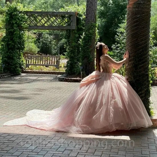 Sequins Pink Princess Beaded Crystal Tull Ball Gown Quinceanera Dress With Big Bow Corset Vestido De 15 Anos