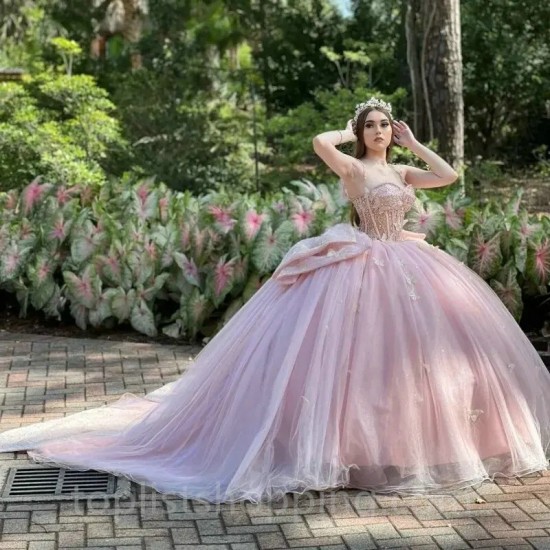 Sequins Pink Princess Beaded Crystal Tull Ball Gown Quinceanera Dress With Big Bow Corset Vestido De 15 Anos