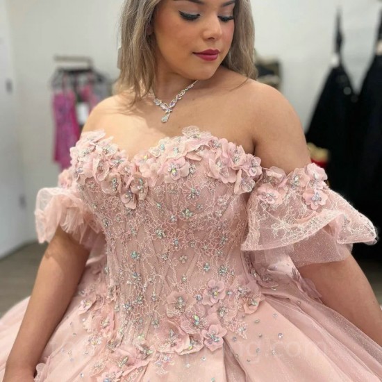 Off-Shoulder Pink Ball Gown Princess 15 Year Old Quinceanera Dress 2024 Lace 3DFlower Glitter Tulle Birthday Party Gowns