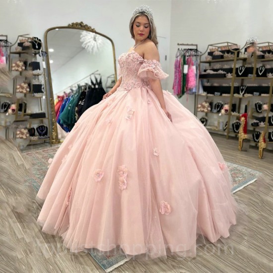 Off-Shoulder Pink Ball Gown Princess 15 Year Old Quinceanera Dress 2024 Lace 3DFlower Glitter Tulle Birthday Party Gowns