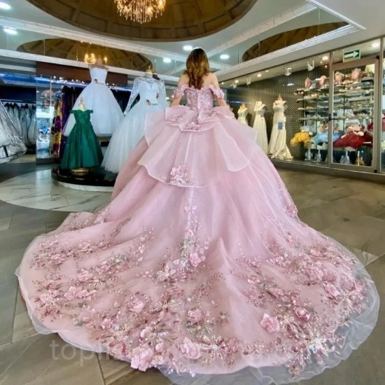 Off the Shoulder Pink Shiny Ball Gown Quinceanera Dresses 3D Flowers Corset Vestidos De 15 Años