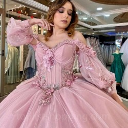 Off the Shoulder Pink Shiny Ball Gown Quinceanera Dresses 3D Flowers Corset Vestidos De 15 Años