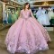 Off the Shoulder Pink Shiny Ball Gown Quinceanera Dresses 3D Flowers Corset Vestidos De 15 Años