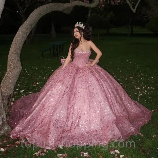 Sweetheart Pink Shiny Ball Gown Quinceanera Dresses Sequined Beads Crystal Lace Tull Corset Vestidos De 15 Años