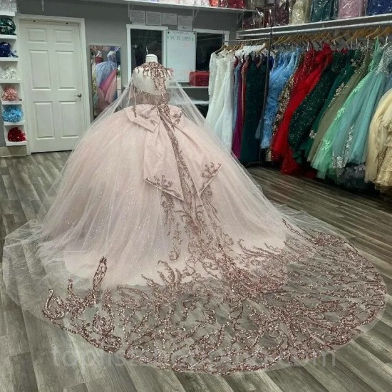 Pink Shiny Off The Shoulder Ball Gown Quinceanera Dresses Ruffles Tull Corset Vestidos De 15