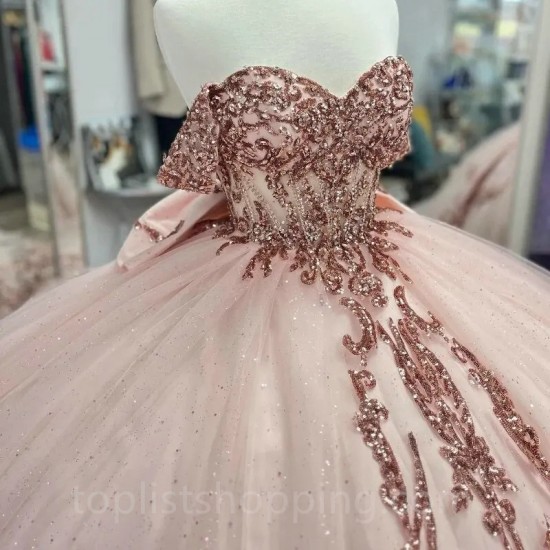 Pink Shiny Off The Shoulder Ball Gown Quinceanera Dresses Ruffles Tull Corset Vestidos De 15