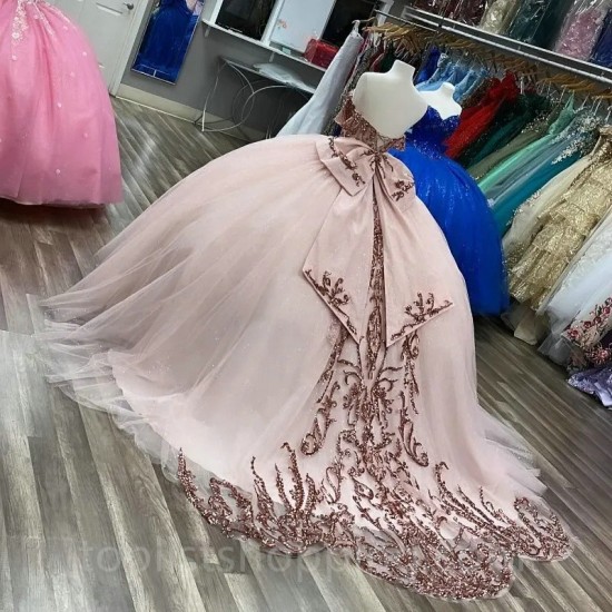 Pink Shiny Off The Shoulder Ball Gown Quinceanera Dresses Ruffles Tull Corset Vestidos De 15