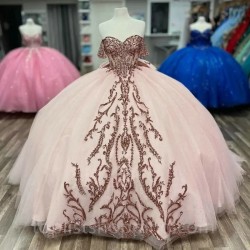 Pink Shiny Off The Shoulder Ball Gown Quinceanera Dresses Ruffles Tull Corset Vestidos De 15