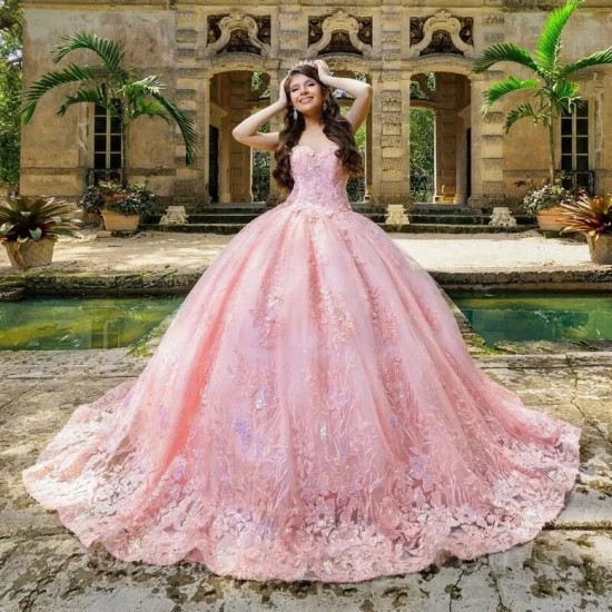 Pink Shiny Off The Shoulder Beading Crystal Quinceanera Dresses Ball Gown Appliques Lace Tull Sweet 15 Vestidos De XV Años