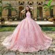 Pink Shiny Off The Shoulder Beading Crystal Quinceanera Dresses Ball Gown Appliques Lace Tull Sweet 15 Vestidos De XV Años