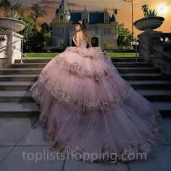 Pink Shiny Off The Shoulder Quinceanera Dresses Princess Prom Gown Tulle Lace Up Gold Appliques Sweet 15 Dress