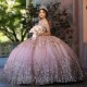 Pink Shiny Off The Shoulder Quinceanera Dresses Princess Prom Gown Tulle Lace Up Gold Appliques Sweet 15 Dress