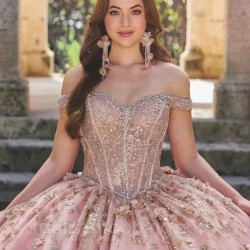 Pink Shiny Princess Quinceanera Dresses 3D Flower Applique Lace Beads Lace-up Prom birthday Sweet 16 Dress