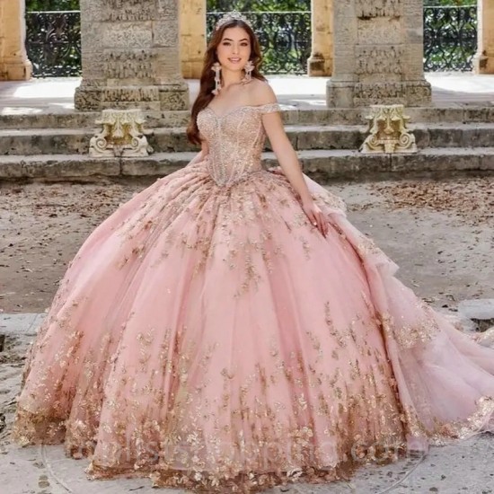 Pink Shiny Princess Quinceanera Dresses 3D Flower Applique Lace Beads Lace-up Prom birthday Sweet 16 Dress