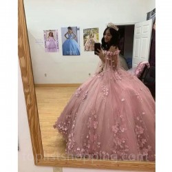 Pink Shiny Quinceanera Dress 2024 With Cape Ball Gown Sleeveless 3D Flowers Corset Vestido De 15 Anos