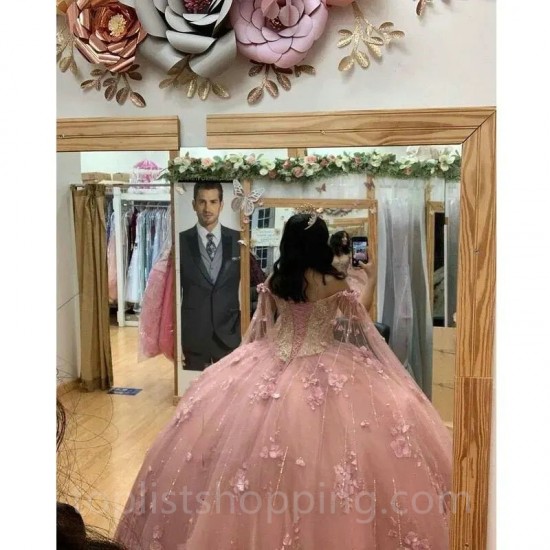 Pink Shiny Quinceanera Dress 2024 With Cape Ball Gown Sleeveless 3D Flowers Corset Vestido De 15 Anos