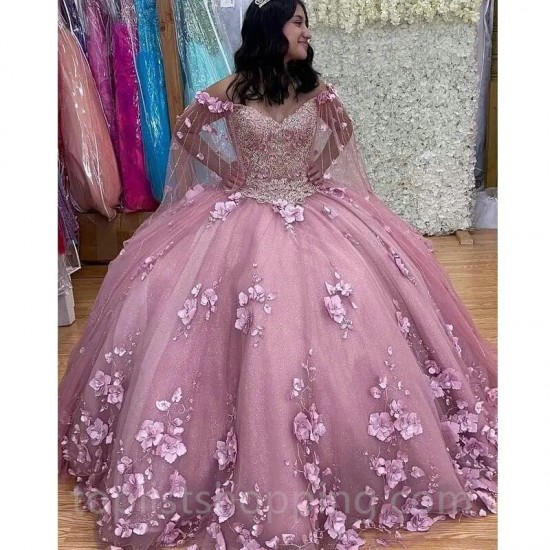 Pink Shiny Quinceanera Dress 2024 With Cape Ball Gown Sleeveless 3D Flowers Corset Vestido De 15 Anos