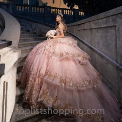 Pink Shiny Quinceanera Dress Princess Prom Gown Tulle Gold Appliques Beads Sweet 15 16 Dress Vestidos De 15 Anos