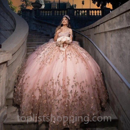 Pink Shiny Quinceanera Dress Princess Prom Gown Tulle Gold Appliques Beads Sweet 15 16 Dress Vestidos De 15 Anos