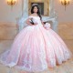 Pink Shiny Quinceanera Dress With Lace Applique Beading Off the Shoulder Mexican Princess Ball Gown