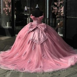 Pink Shiny Quinceanera Dresses Ball Gown Off Shoulder Puffy Sweet 16 Dress Beads Celebrity Party Gowns