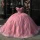 Pink Shiny Quinceanera Dresses Ball Gown Off Shoulder Puffy Sweet 16 Dress Beads Celebrity Party Gowns