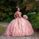 3D Flower Pink Shiny Quinceanera Dresses Ball Gown With Cape Applique Crystal Sweet 16 Dresses