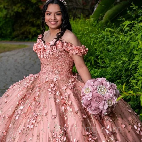 3D Flower Pink Shiny Quinceanera Dresses Ball Gown With Cape Applique Crystal Sweet 16 Dresses