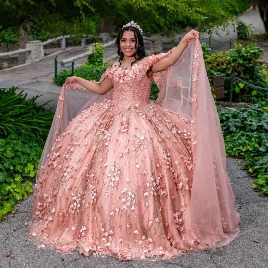 3D Flower Pink Shiny Quinceanera Dresses Ball Gown With Cape Applique Crystal Sweet 16 Dresses