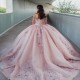 O-Neck Pink Shiny Quinceanera Dresses Mexican Lace 3D Flower Puffy Ball Gowns