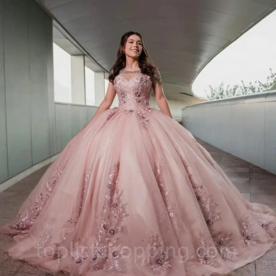 O-Neck Pink Shiny Quinceanera Dresses Mexican Lace 3D Flower Puffy Ball Gowns