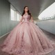 O-Neck Pink Shiny Quinceanera Dresses Mexican Lace 3D Flower Puffy Ball Gowns