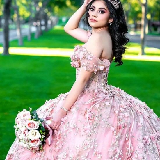 Off the Shoulder Pink Quinceanera Dresses Lace Applique Formal Corset Birthday Party Prom Ball Gown