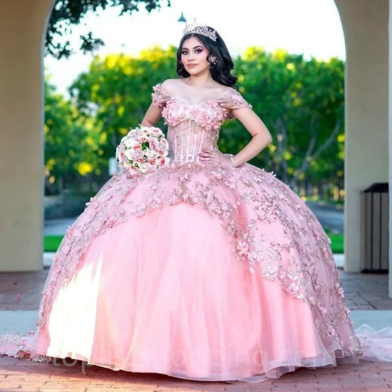 Off the Shoulder Pink Quinceanera Dresses Lace Applique Formal Corset Birthday Party Prom Ball Gown